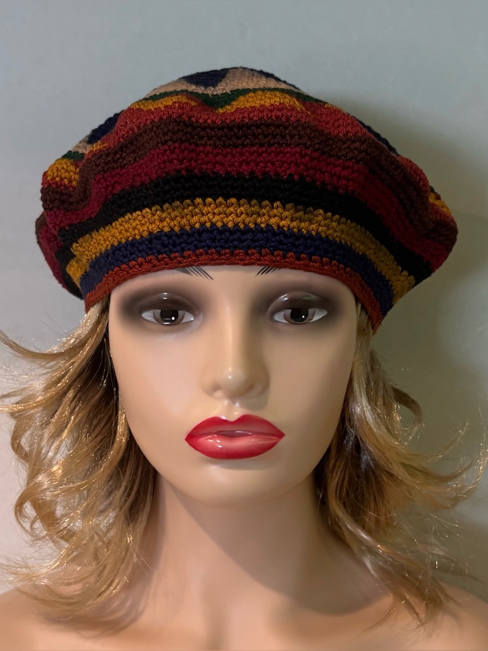 Vintage Unbranded Crochet Chevron Beret Slouchy Hat Multicolor - Handmade